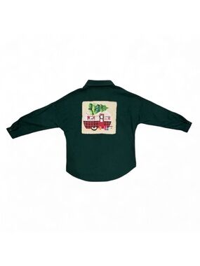 Green Corduroy Button Down with Festive Camper Christmas Tree Design Large